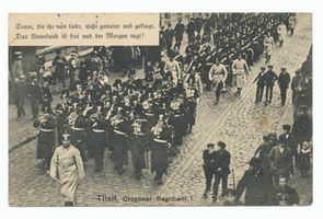 Tilsit, Stadt, Stadtkreis Tilsit Tilsit, Dragoner marschieren mit Musik durch die Stadt Tilsit, Dragoner-Regiment Prinz Albrecht v. Preußen Lithau. No. 1