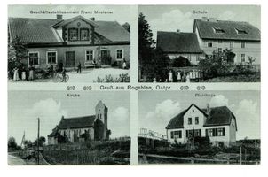 Gahlen (Ostpr.), Kreis Angerapp Rogahlen, Geschäftsetablissement, Schule, Kirche, Pfarrhaus 