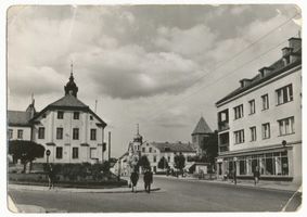 Sensburg, Stadt, Kreis Sensburg Sensburg, Straße mit Rathaus und Evang. Kirche 
