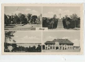 Arys, Kreis Johannisburg Arys, Bronsartstraße mit Heldendenkmal, Ehrenfriedhof, See mit Verlobungsinsel, Bahnhof 