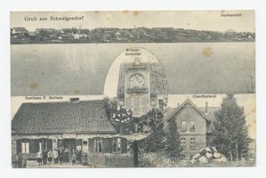 Schwalgendorf, Ort, Kreis Mohrungen Schwalgendorf, Dorfansicht, Gasthaus F. Mattern, Oberförsterei, Kriegerdenkmal 