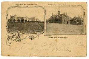 Gumbinnen, Stadt, Kreis Gumbinnen Schlossberger Straße (fr. Pillkaller Straße) Gumbinnen, Artilleriekaserne, Vorderansicht. Wirtschaftsgebäude u. Cantine (2 Aufnahmen) Gumbinnen, Kasernen