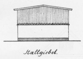  6 Bauzeichnungen einer Stallscheune für 30-40 Morgen in Seitenansichten und Draufsichten mit Maßen Bl. 4 - Stallgiebel 6 строительных чертежей скотного сарая на 30-40 моргенов в боковых видах и видах сверху с размерами, лист 4 — фронтон скотного сарая