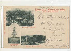 Kernsdorf, Kreis Osterode Kernsdorf, Gasthaus  Zum Apfelbaum , Aussichtsturm, Ortsansicht mit Schule Кернсдорф, трактир „Яблоня , смотровая башня, вид местности со школой