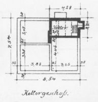  6 Bauzeichnungen eines Wohnhauses für 6 Morgen in Seitenansichten und Draufsichten mit Maßen Bl. 1 - Kellergeschoss 6 строительных чертежей жилого дома на 6 моргенов в боковых видах и видах сверху с размерами, лист 1 — подвальный этаж