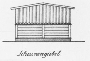  6 Bauzeichnungen einer Stallscheune für 30-40 Morgen in Seitenansichten und Draufsichten mit Maßen Bl. 4 - Scheunengiebel 6 строительных чертежей скотного сарая на 30-40 моргенов в боковых видах и видах сверху с размерами, лист 4 — фронтон сарая
