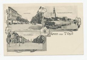 Tilsit, Stadt, Stadtkreis Tilsit  Tilsit, Hohe Str., Deutsche Str., Deutsche Kirche mit Bollwerk Tilsit, Potpourri-Ansichtskarten