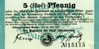 Johannisburg, Kreis Johannisburg Johannisburg, Stadtgeld, 5 Pf, Vorderseite Johannisburg (Kreis), nicht verortete Bildmotive