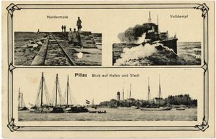 Pillau, Seestadt, Kreis Samland Pillau, Seestadt, Nordermole, Dampfer, Blick auf Hafen und Stadt Pillau, Nordmole (Nordermole)