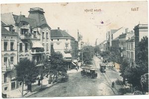 Tilsit, Stadt, Stadtkreis Tilsit  Tilsit, Am Hohen Tor, Blick in die Hohe Str. XXXVI  Straßenbahn, Bus und elektrische Bahn nach Miekiten