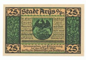 Arys, Kreis Johannisburg Arys, Kirche, Notgeld 1920, 25 Pfennig 