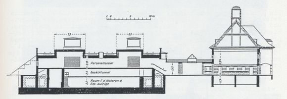 Königsberg (Pr.), Stadtkreis Königsberg Königsberg , Bahnhof Holländerbaum, Querschnitt durch den Tunnel und die Schalterhalle Кёнигсберг, вокзал Холлендербаум, поперечный разрез туннеля и зала касс