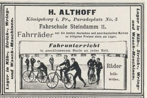 Königsberg (Pr.), Stadtkreis Königsberg Steindamm 11 Königsberg (Pr.), Steindamm, Fahrschule für Fahrräder, H. Althoff Königsberg, Anzeigen