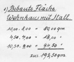  4 Bauzeichnungen eines Wohnhauses mit Stall für 30 Morgen in Grundrissen und Querschnitten  Bl. 6 - Fläche und Maße Bauzeichnungen für Neubauten von Gehöften durch Ostpreußische Landgesellschaft m.b.H., Königsberg