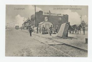 Laugßargen, Kreis Tilsit-Ragnit Laugßargen, Bahnhof nach der Zerstörung durch die Russen Лаугсарген, вокзал после разрушения русскими