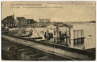 Lyck, Stadt, Kreis Lyck Lyck, Zerschossenes Bahnwasserwerk im Hochwasser Erster Weltkrieg