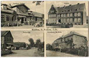 Rositten, Kreis Preußisch Eylau Rositten Kr. Preußisch Eylau, Gasthaus, Schule, Dorfstraße, Haus Росситтен, окр. Прёйсиш-Эйлау, трактир, школа, деревенская улица, дом