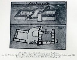 Lochstädt, Kreis Samland Lochstädt, Plan des Ordensschlosses und Ansicht aus der Vogelschau Lochstädt, Ordensschloß