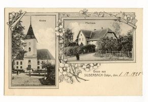 Silberbach, Kreis Mohrungen Silberbach, Kirche und Pfarrhaus 