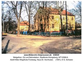 Metgethen, Ort und Bahnstation, Stadtkreis Königsberg Adolf-Hitler-Weg 14  Metgethen, Häuser früher und heute