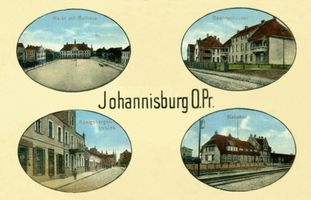 Johannisburg, Kreis Johannisburg Johannisburg, Markt, Beamtenhäuser, Königsberger Straße, Bahnhof Johannisburg (Kreis), nicht verortete Bildmotive
