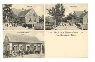 Prußhöfen, Kreis Sensburg Burschöwen, Schule, Dorfstraße, Kaufhaus Glaser 