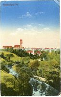 Mehlsack, Stadt, Kreis Braunsberg Mehlsack, Stadtansicht mit Eisenbahnbrücke 