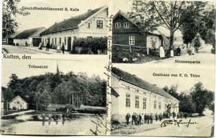 Kutten, Kreis Angerburg Kutten, Geschäftsetablissement R. Kalis, Straßenpartie, Ortsansicht, Gasthaus F.O. Thies Куттен, торговое заведение Р. Калиса, вид улицы, вид местности, трактир Ф.О. Тиса