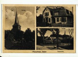 Pörschken Kr. Heiligenbeil, Kreis Heiligenbeil Pörschken Kr. Heiligenbeil, Kirche, Geschäftshaus, Ortsansicht 