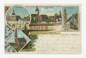 Bischofswerder, Kreis Rosenberg Bischofswerder Kr. Rosenberg, Westpr., Ortsansicht, Marktplatz, Ev. Kirche, Kath. Kirche 