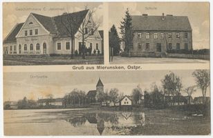 Merunen, Ort, Kreis Treuburg Mierunsken (Ort), Geschäftshaus, Schule, Dorfpartie Миерунскен (местечко), торговый дом, школа, вид деревни