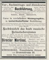 Königsberg (Pr.), Stadtkreis Königsberg Französische Straße 16 Königsberg (Pr.), Französische Str.,   Kurse in Buchführung und Stenographie, Director Mertinat Кёнигсберг (Пр.), Францёзишештрассе, курсы бухгалтерии и стенографии, директор Мертина