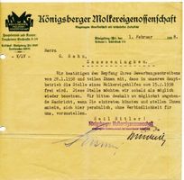 Königsberg (Pr.), Stadtkreis Königsberg Königsberg, Königsberger Molkereigenossenschaft, Empfangsbestätigung Bewerbung Königsberg, Zentrale Innenstadt nördlich des Schlosses