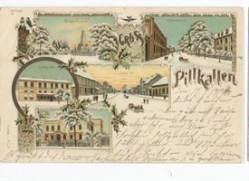 Schloßberg, Kreisstadt, Kreis Schloßberg Pillkallen Kr. Schlossberg, Kriegerdenkmal, Schirwindter Straße, Löffkes Hotel, Tilsiter Straße, Landratsamt (Winterzeichnungen) Пиллкаллен, уезд Шлоссберг, памятник воинам, портрет кайзера, районное управление (зимние рисунки)