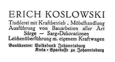Johannisburg, Kreis Johannisburg St. Johannisstraße 9 Johannisburg, St. Johannisstraße, Koslowski, Tischlerei, Anzeige Johannisburg (Kreis), nicht verortete Bildmotive