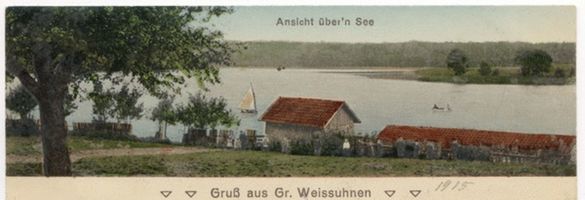 Weissuhnen, Kreis Johannisburg Groß Weissuhnen, Ansicht über den See Гросс-Вайсунен, вид через озеро