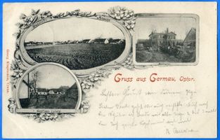 Germau, Ort, Kreis Samland Germau, Ortsansicht, Molkerei und Gasthaus Luberg Гермау, вид местности, маслодельня и трактир «Люберг»
