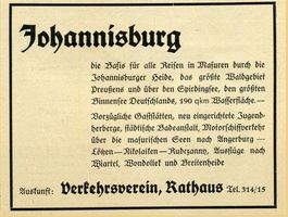 Johannisburg, Kreis Johannisburg Johannisburg, Anzeige Verkehrsverein Johannisburg (Kreis), nicht verortete Bildmotive