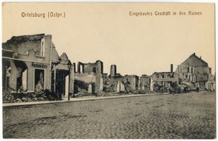 Ortelsburg, Stadt, Kreis Ortelsburg Ortelsburg, Eingebautes Geschäft in den Ruinen Erster Weltkrieg