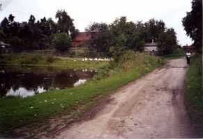 Puschkeiten, Kreis Bartenstein Puschkeiten (Сосновка), Ehemaliger Gutsteich mit einem Speichergebäude, der Landweg nach Naukritten 