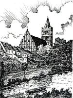 Friedland (Ostpr.), Kreis Bartenstein Friedland, Partie am Mühlenteich (Lithografie) 