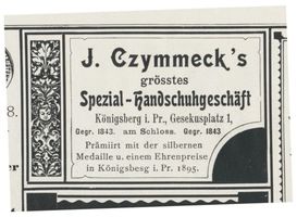 Königsberg (Pr.), Stadtkreis Königsberg Fritz-Tschierse-Platz (fr. Gesekusplatz) 1 Königsberg (Pr.), Gesekusplatz (sp. Fritz-Tschierse-Platz), Spezial-Handschuhgeschäft, J. Czymmeck Кёнигсберг (Пр.), площадь Гезекус (позднее площадь Фрица-Ширзе), специализированный магазин перчаток, Й. Циммек