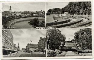 Insterburg, Stadt, Stadtkreis Insterburg Insterburg, Am Schlossteich, Sportplatz mit Sporthalle, Alter Markt, Stadtpark mit Kriegerdenkmal Инстербург, у Замкового пруда, спортивная площадка со спортивным залом, Старый рынок, городской парк с памятником воинам