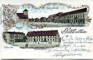 Schloßberg, Kreisstadt, Kreis Schloßberg Pillkallen, Kreisstadt, Markt mit Kirche, Löffkes Hotel, Magistratsgebäude (Zeichnungen) 