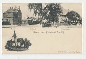 Goldbach Kr. Wehlau, Kreis Wehlau Goldbach Kr. Wehlau, Post - Bahnhof, Warenhaus, Kirche 