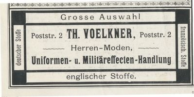 Königsberg (Pr.), Stadtkreis Königsberg Poststraße 2 Königsberg (Pr.), Poststraße, Uniformen- und Militäreffecten-  Handlung, Th. Voelkner Кёнигсберг (Пр.), Постштрассе, магазин мундиров и военного снаряжения, Т. Фёлькнер