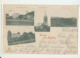 Soldau, Kreis Neidenburg Soldau, Markt (östl. Teil), Kath. Kirche, Schloss, Ortsansicht 