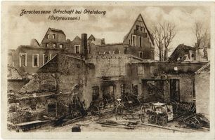  Ortelsburg, Zerschossene Ortschaft bei Ortelsburg Erster Weltkrieg