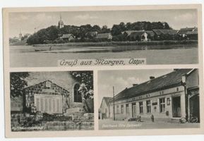 Morgen, Kreis Johannisburg Morgen, Kr. Johannisburg, Gesamtansicht, Denkmal, Gasthaus 
