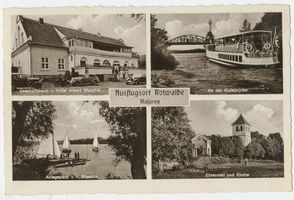 Rotwalde, Kreis Lötzen Rotwalde, Geschäftshaus, Kullabrücke, Anlegeplatz, Ehrenmal und Kirche Ротвальде, торговый дом, мост Кулла, причал, памятник павшим и церковь